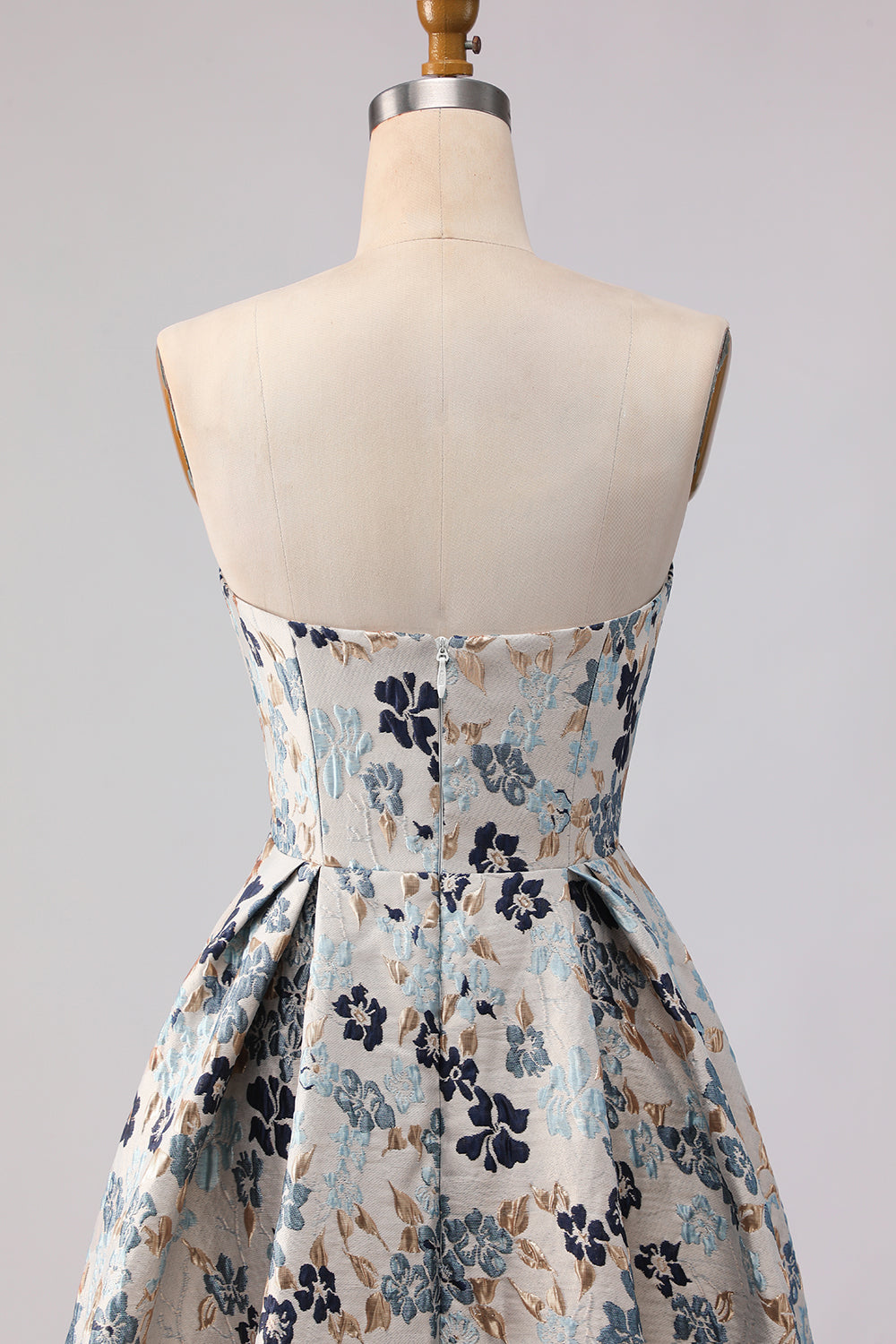 Floral Blue Jacquard Strapless A Line Long Prom Dress with Slit