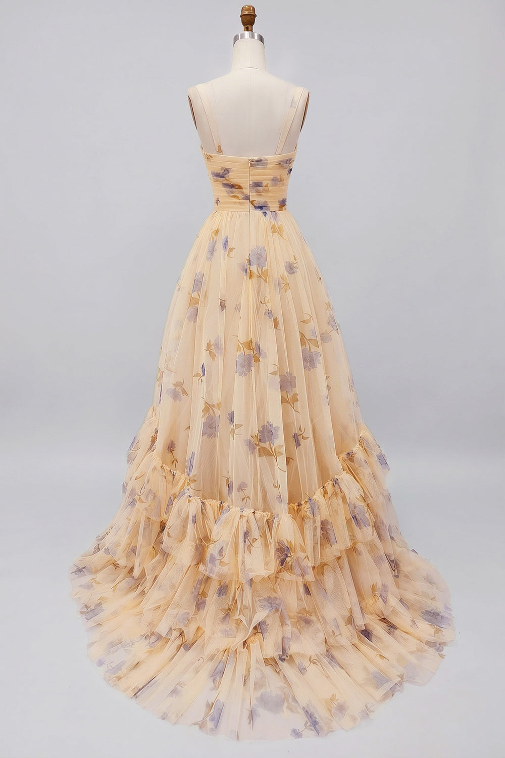Floral Yellow A-Line Long Prom Dress with Ruffles