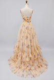 Floral Yellow A-Line Long Prom Dress with Ruffles