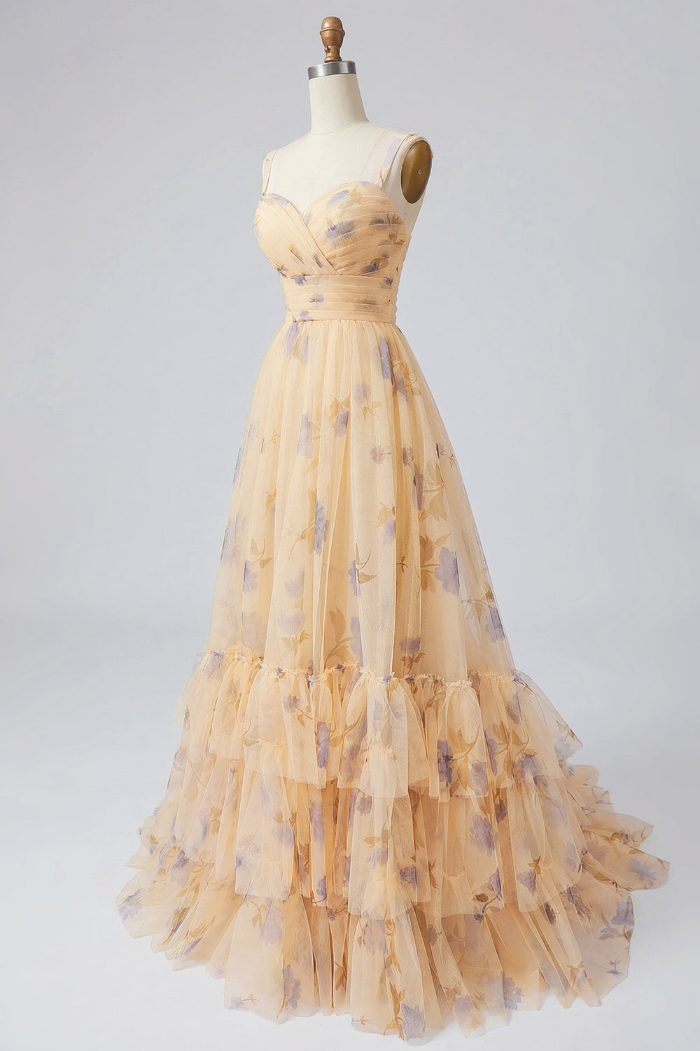 Floral Yellow A-Line Long Prom Dress with Ruffles