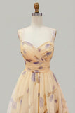 Floral Yellow A-Line Long Prom Dress with Ruffles