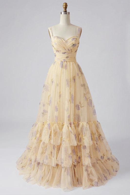 Yellow Flower A-Line Long Prom Dress with Ruffles