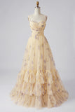 Floral Yellow A-Line Long Prom Dress with Ruffles