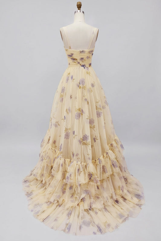 Floral Yellow A-Line Long Prom Dress with Ruffles