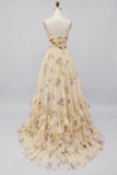 Floral Yellow A-Line Long Prom Dress with Ruffles