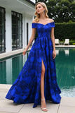 Royal Blue Long Floral Prom Dress with Slit