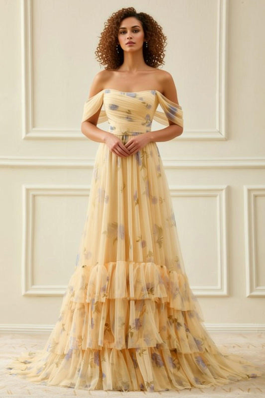 Yellow Flower Tiered Long Prom Dress with Ruffles