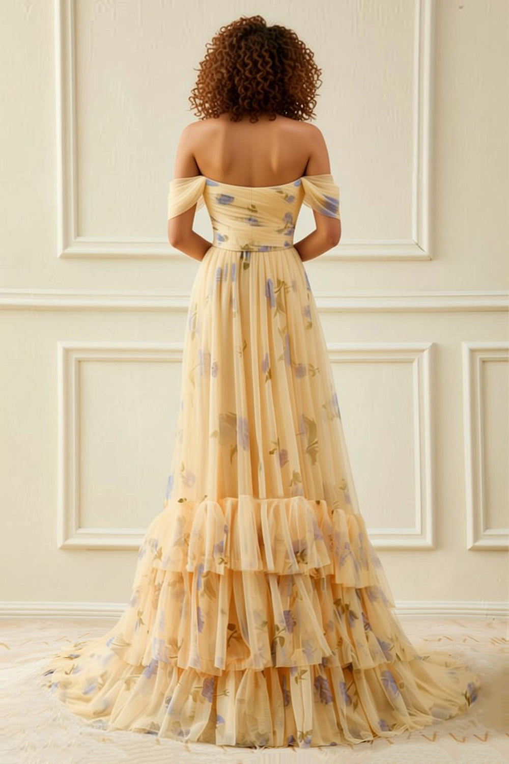 Yellow Flower Tiered Long Prom Dress with Ruffles