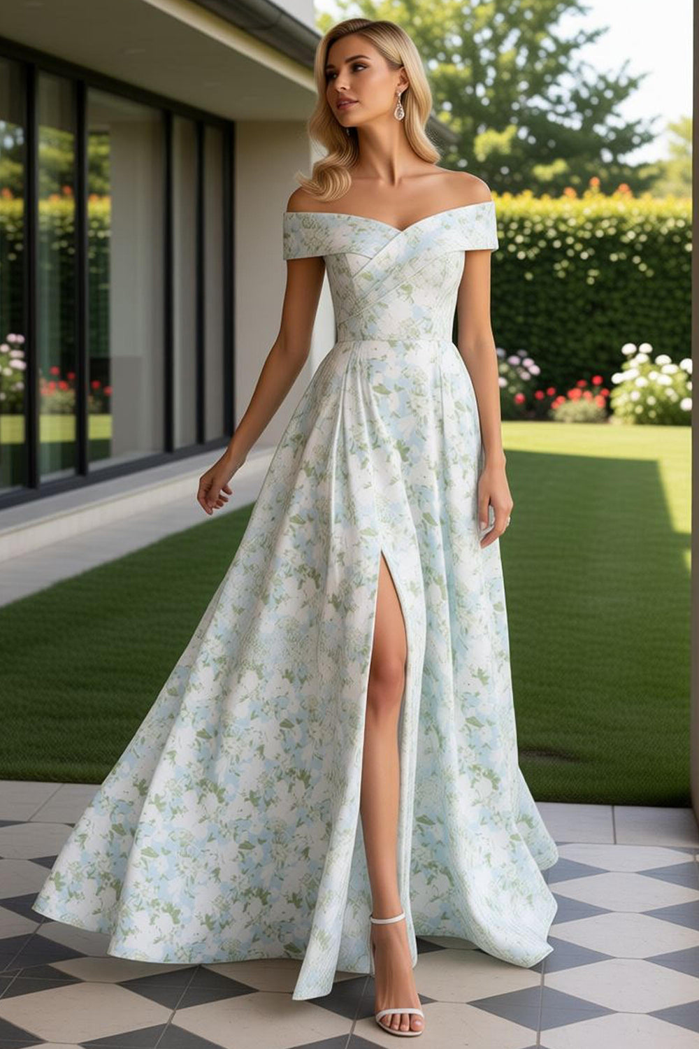 Blue and White Flower Long Prom Dress with Slit