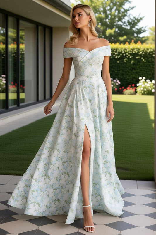 Blue and White Flower Long Prom Dress with Slit