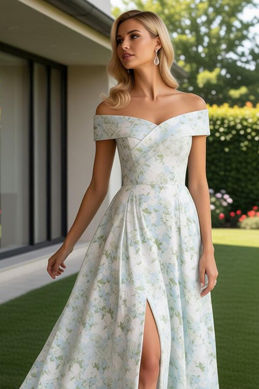 Blue and White Flower Long Prom Dress with Slit