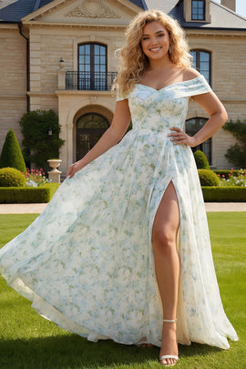 Plus Size Blue and White Flower Long Prom Dress with Slit