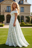 Plus Size Blue and White Flower Long Prom Dress with Slit