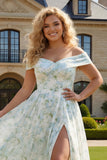 Plus Size Blue and White Flower Long Prom Dress with Slit