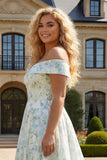 Plus Size Blue and White Flower Long Prom Dress with Slit