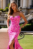 Fuchsia Flower Mermaid Long Prom Dress with Slit