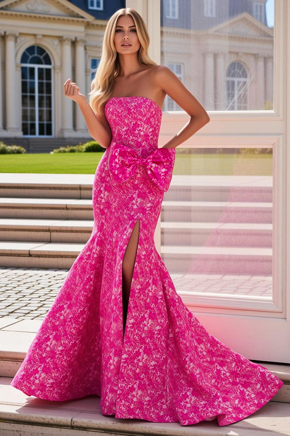 Fuchsia Flower Long Mermaid Prom Dress with Bow