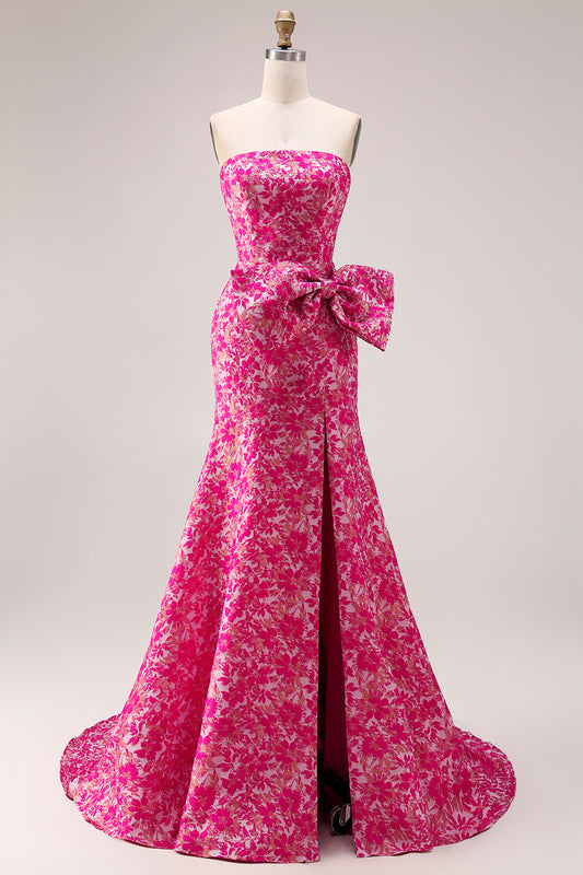 Floral Fuchsia Mermaid Strapless Long Prom Dress with Bow
