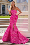 Fuchsia Flower Long Mermaid Prom Dress with Bow