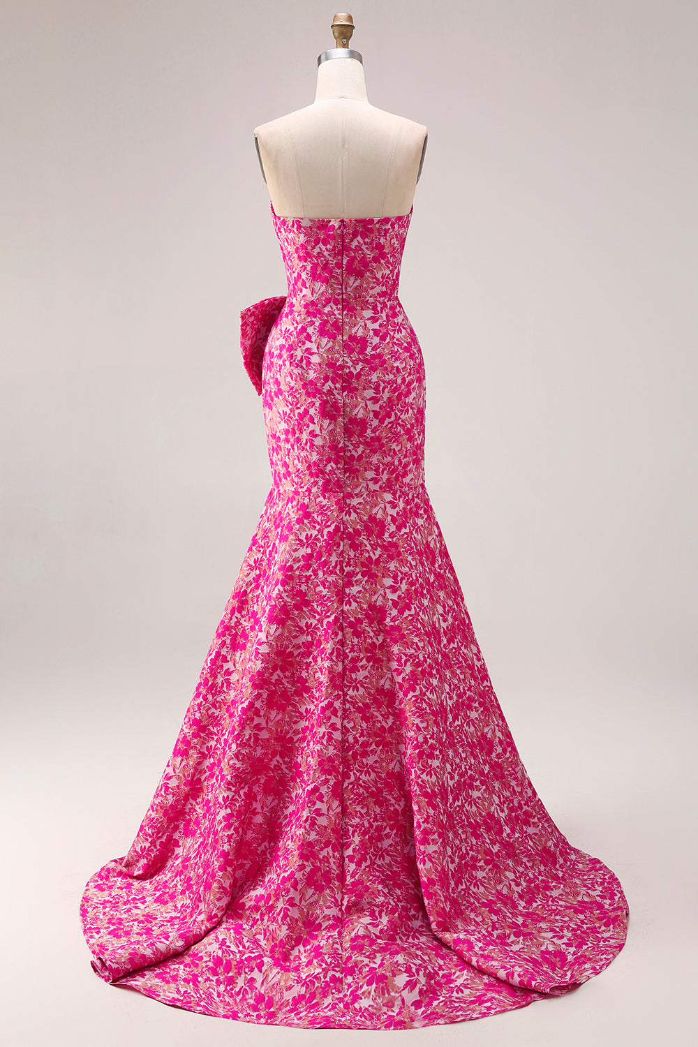 Floral Fuchsia Mermaid Strapless Long Prom Dress with Bow