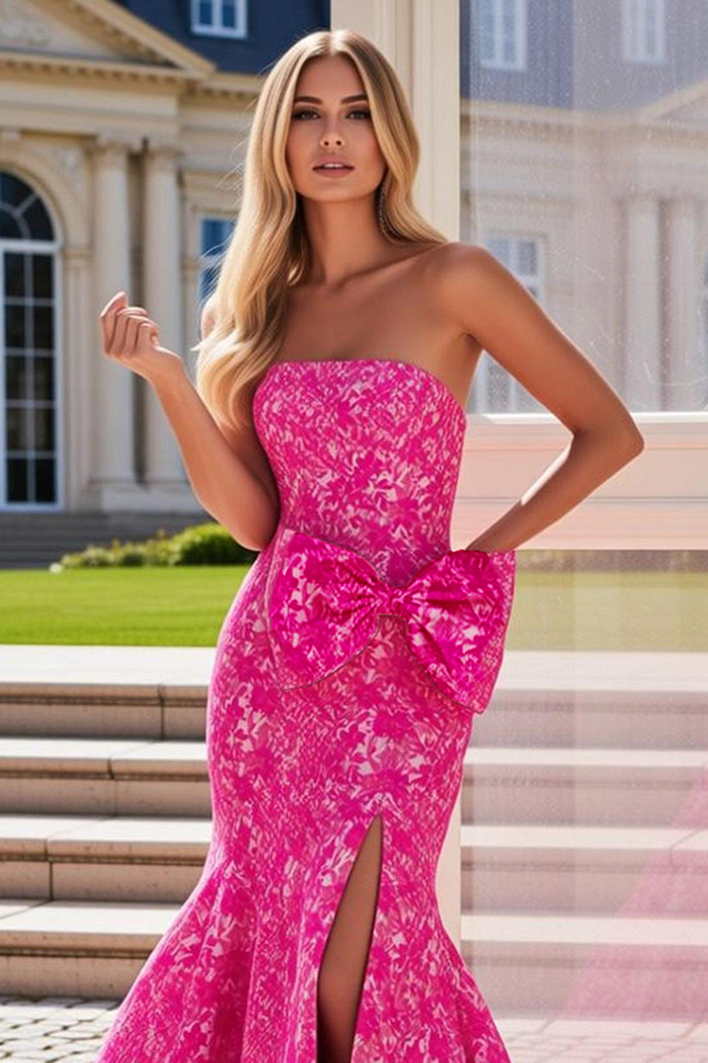 Fuchsia Flower Long Mermaid Prom Dress with Bow