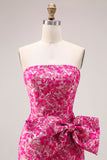 Floral Fuchsia Mermaid Strapless Long Prom Dress with Bow