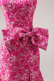 Floral Fuchsia Mermaid Strapless Long Prom Dress with Bow