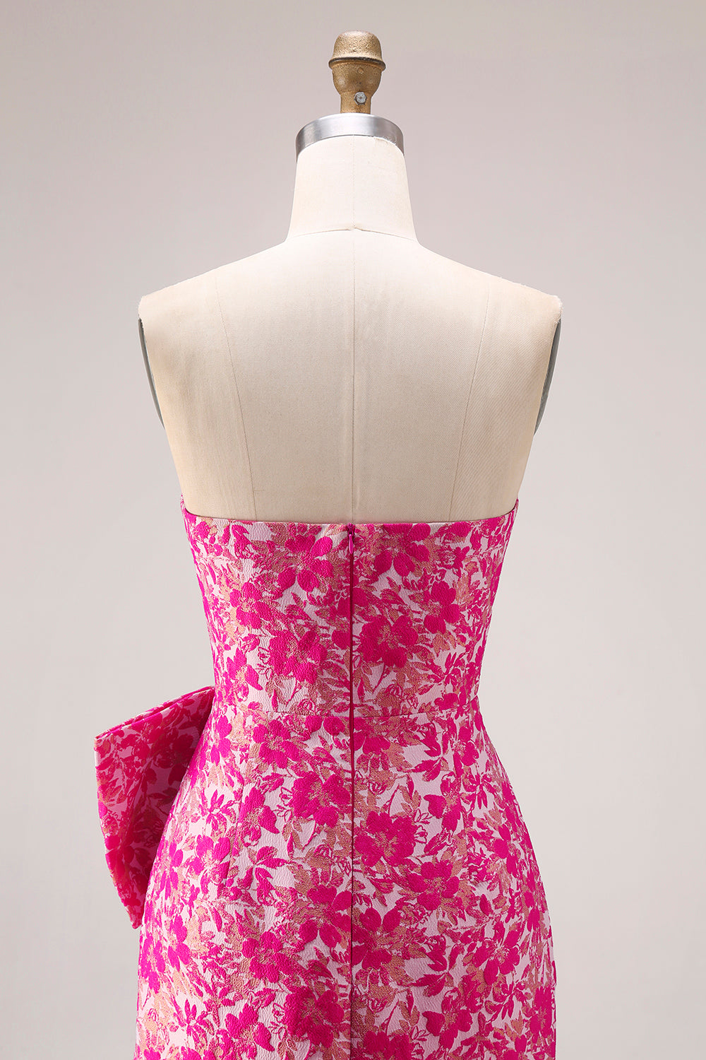 Floral Fuchsia Mermaid Strapless Long Prom Dress with Bow