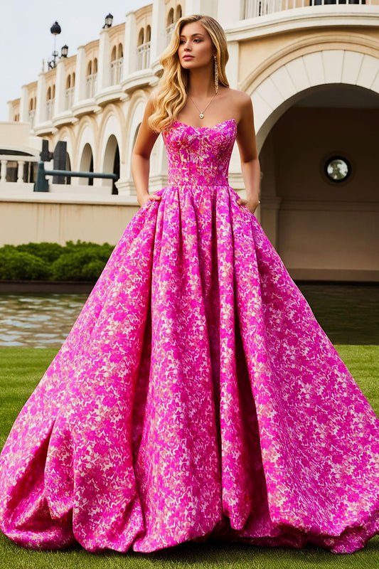 Fuchsia Flower Corset Long Prom Dress
