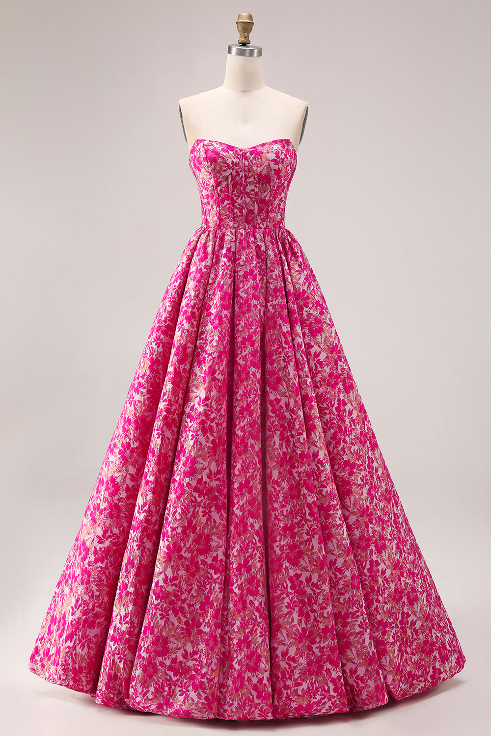 Floral Fuchsia A Line Jacquard Long Corset  Prom Dress