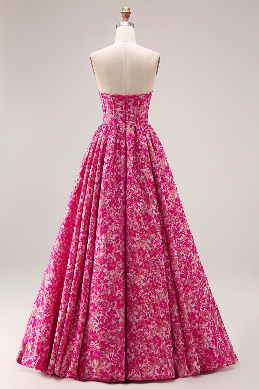 Floral Fuchsia A Line Jacquard Long Corset  Prom Dress