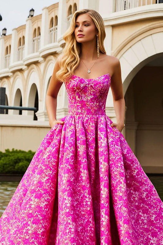 Fuchsia Flower Corset Long Prom Dress