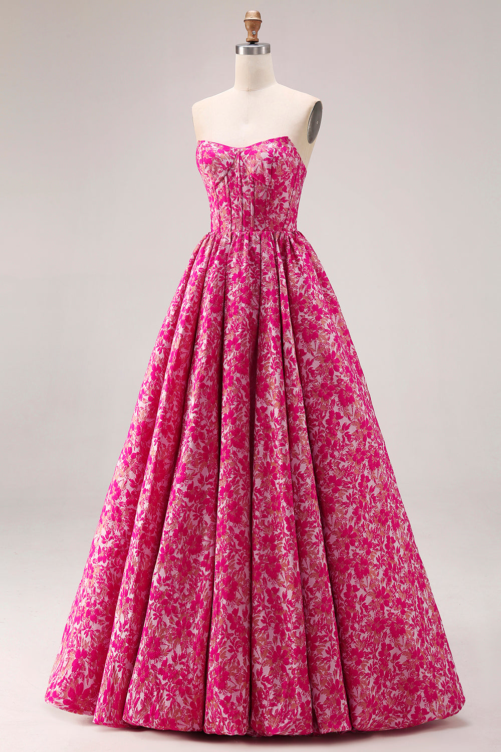 Floral Fuchsia A Line Jacquard Long Corset  Prom Dress