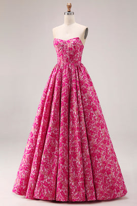 Floral Fuchsia A Line Jacquard Long Corset  Prom Dress