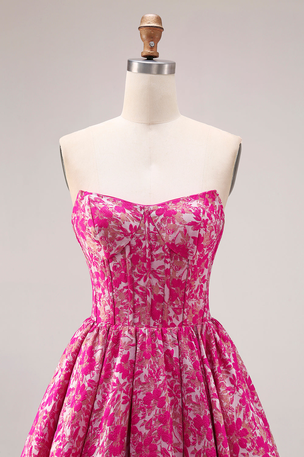 Floral Fuchsia A Line Jacquard Long Corset  Prom Dress