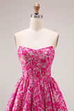 Floral Fuchsia A Line Jacquard Long Corset  Prom Dress