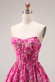 Floral Fuchsia A Line Jacquard Long Corset  Prom Dress