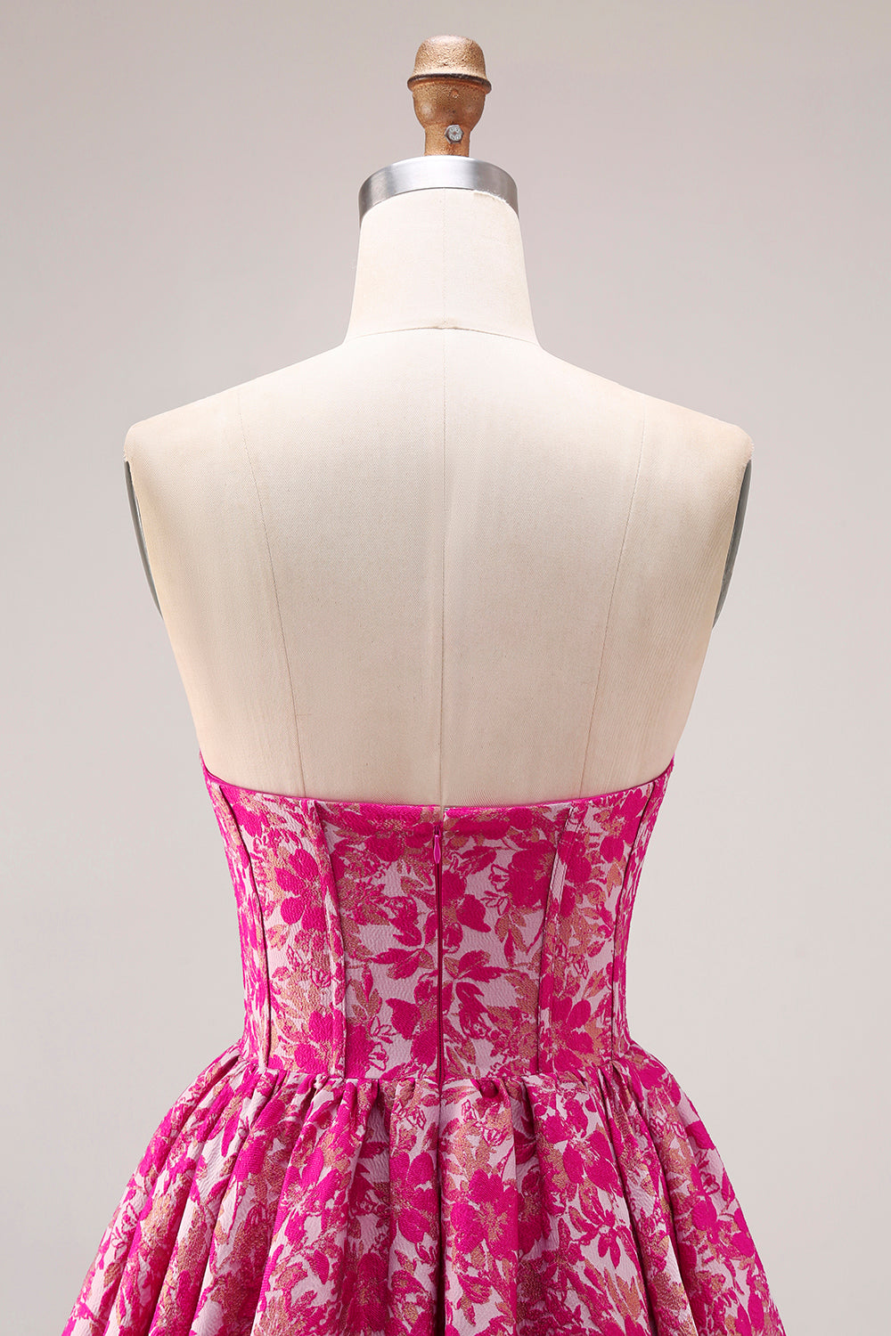 Floral Fuchsia A Line Jacquard Long Corset  Prom Dress