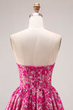 Floral Fuchsia A Line Jacquard Long Corset  Prom Dress