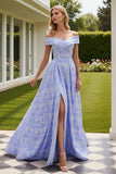 Light Blue Long A-Line Floral Prom Dress with Slit
