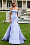 Light Blue Long Floral Mermaid Off the Shoulder Prom Dress