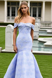 Light Blue Long Floral Mermaid Off the Shoulder Prom Dress
