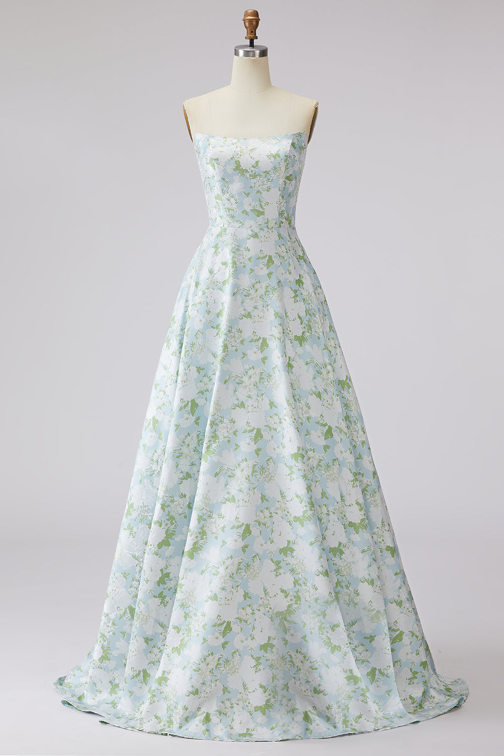 Blue and White Flower A-Line Long Prom Dress
