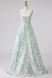Blue and White Flower A-Line Long Prom Dress