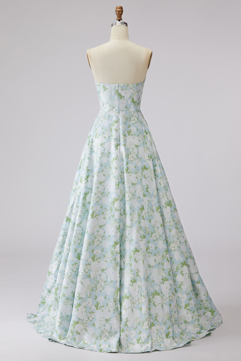 Blue and White Flower A-Line Long Prom Dress