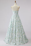 Blue and White Flower A-Line Long Prom Dress