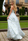 Blue and White Flower A-Line Long Prom Dress