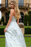 Blue and White Flower A-Line Long Prom Dress