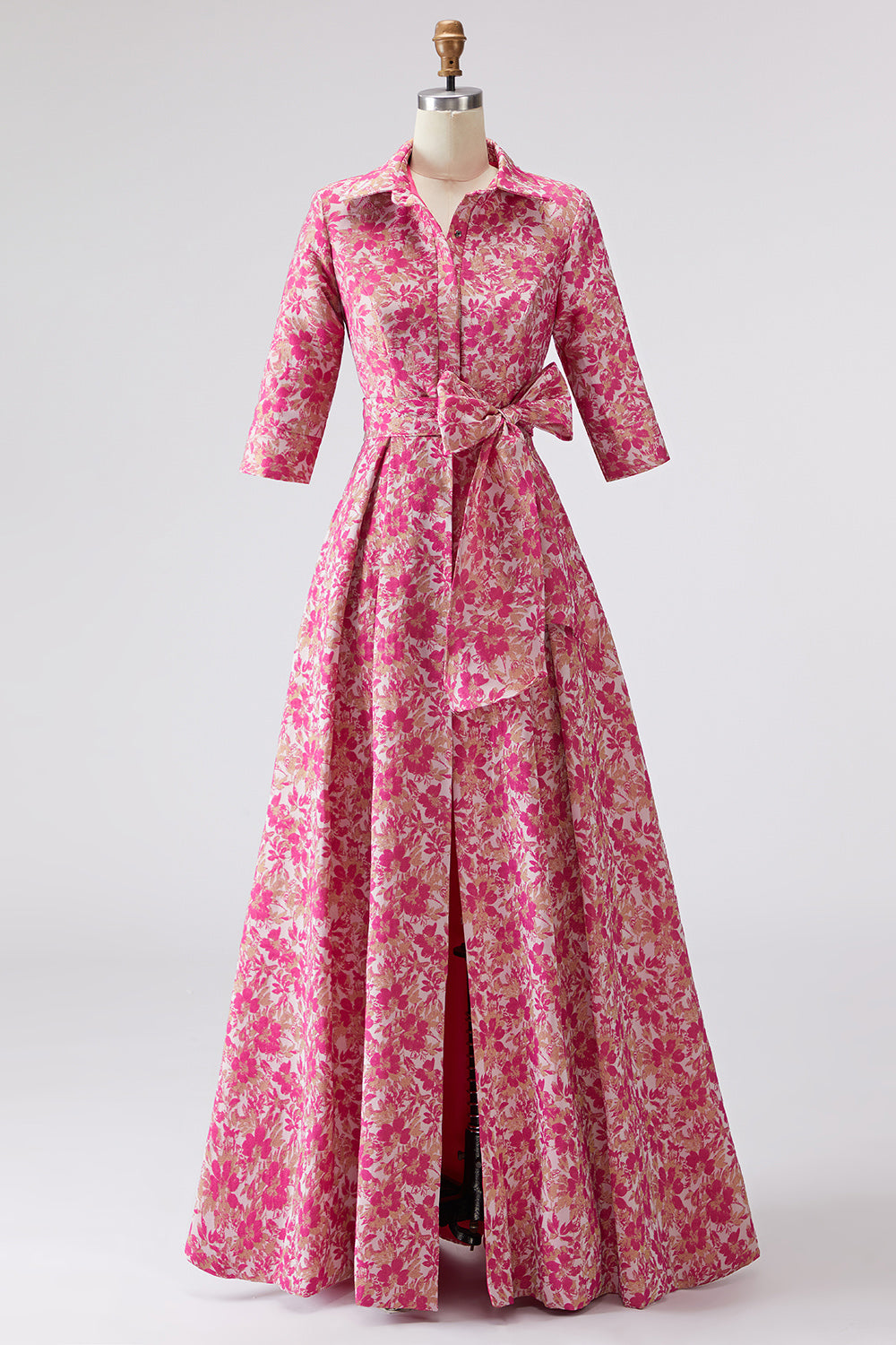 Fuchsia Floral Lapel Neck Jacquard Long Mother of the Bride Dress with Bow