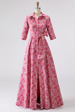 Fuchsia Floral Lapel Neck Jacquard Long Mother of the Bride Dress with Bow